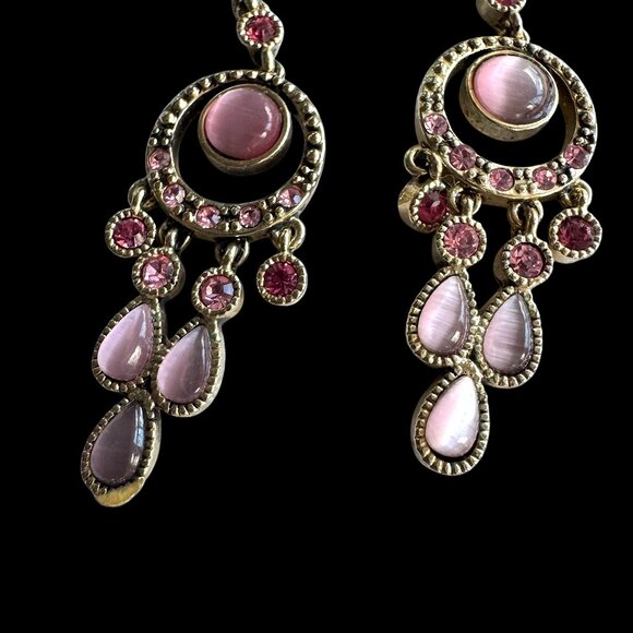 Pierced Earrings Dangling Chandelier Gold Tone Pink Stone - Picture 3 of 6